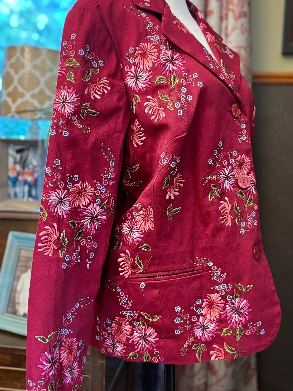 Coldwater Creek Burgundy embroidered Floral Button Jacket, excellent condition!